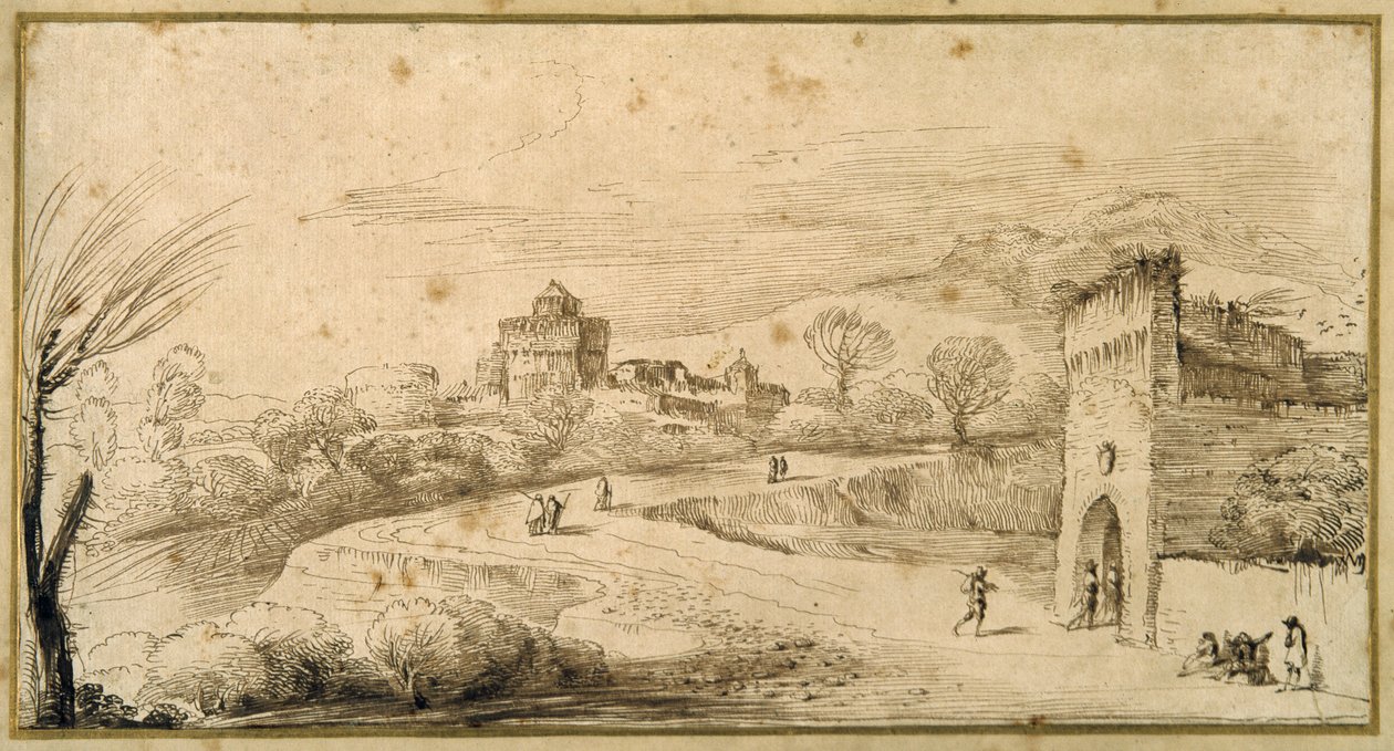 Landschap met een gekanteelde poort en een kronkelende weg door Guercino