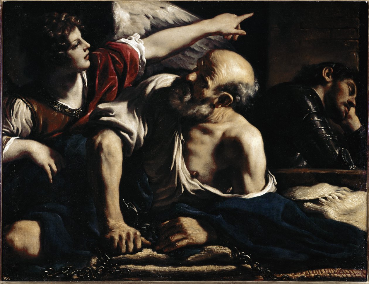 Sint Petrus bevrijd door een engel - Olie op doek, circa 1622 door Guercino