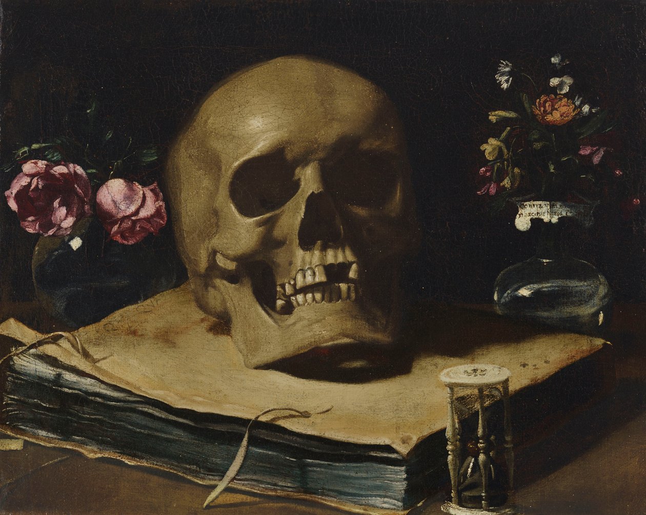 Guercino - Een vanitas stilleven met een schedel bovenop een boek, een zandloper en twee glazen vazen met bloemen door Guercino