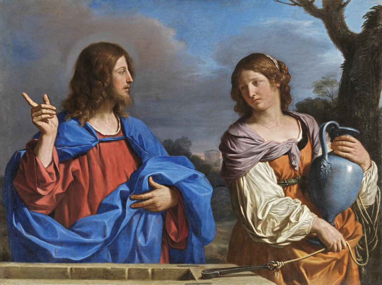 Italiaans:  Cristo e la Samaritana al pozzo Christus en de vrouw van Samaria bij de bron door Guercino