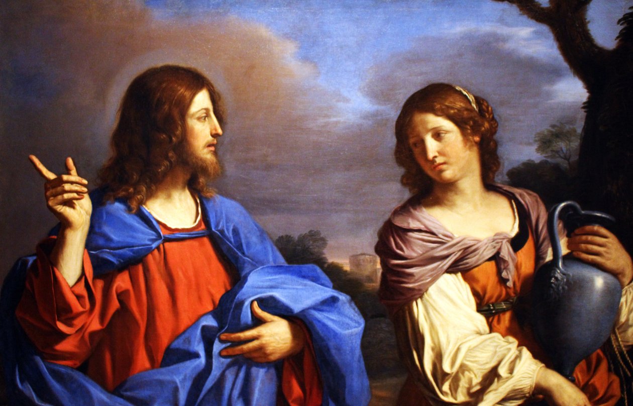 Italiaans:  Cristo e la Samaritana al pozzo Christus en de vrouw van Samaria bij de bron door Guercino