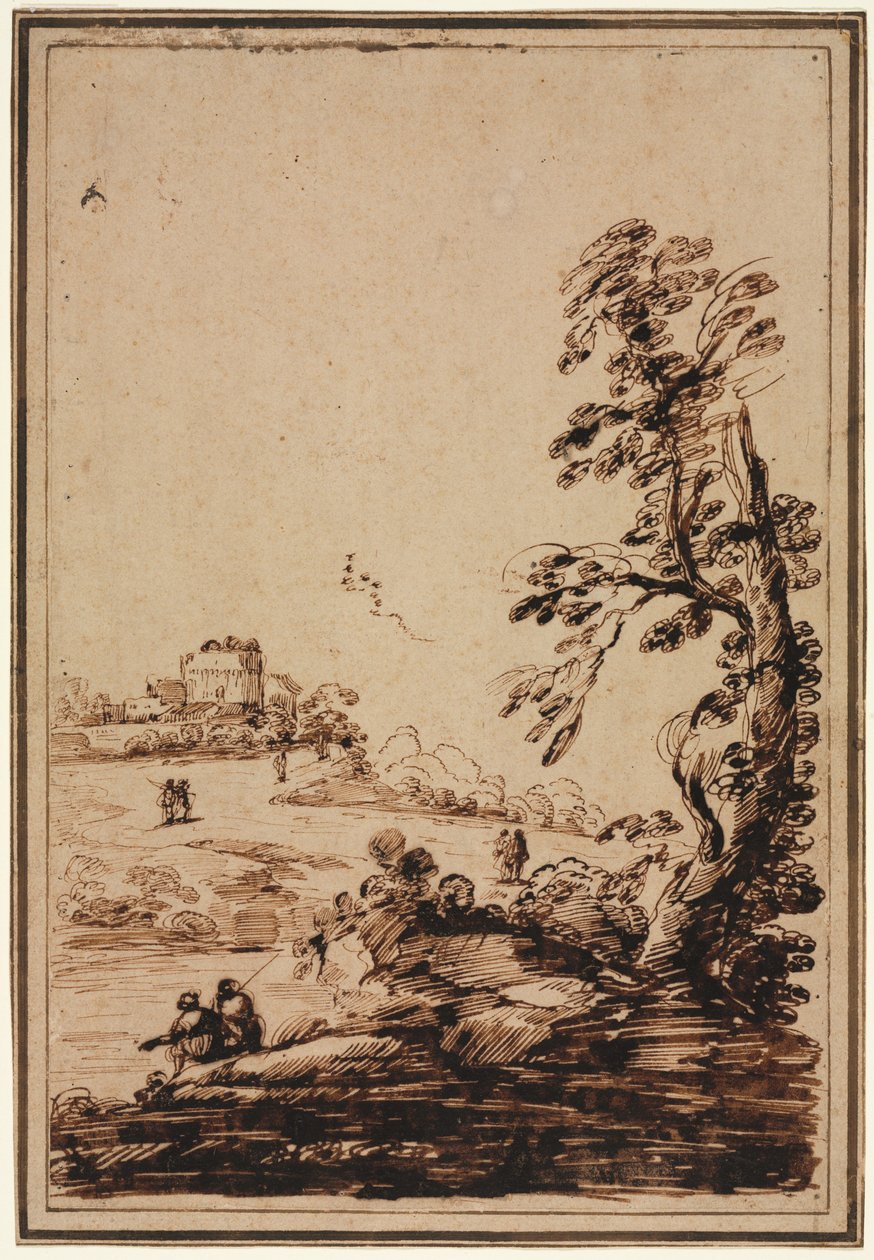 Landschap met kleine groep gebouwen, tweede helft 1700s door Guercino