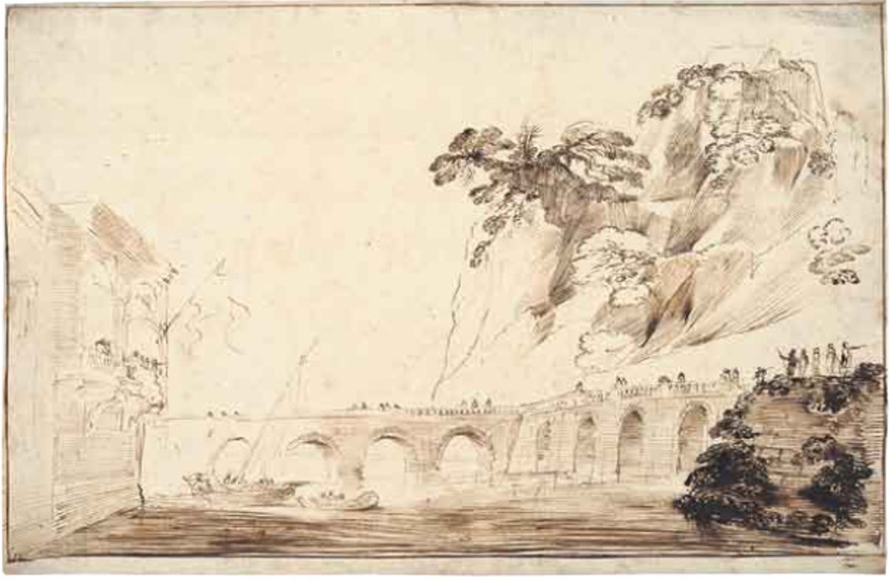 Landschap met een rivier overgestoken door een brug, omzoomd met toeschouwers, leidend naar een gebouw met een overhangende loggia met een groep toeschouwers door Guercino