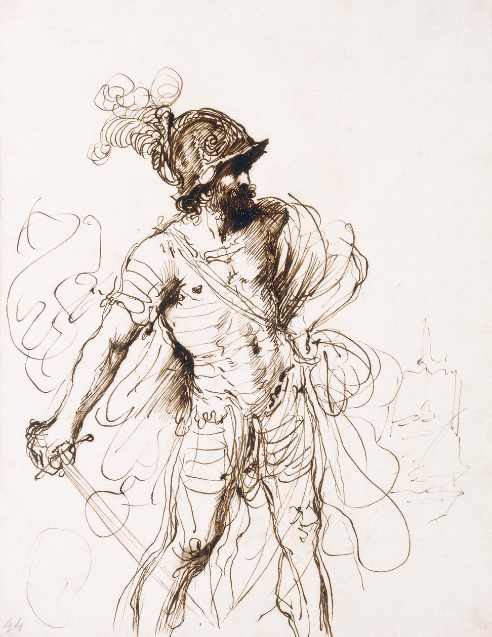 Mars, zijn zwaard getrokken, naar rechts gedraaid door Guercino