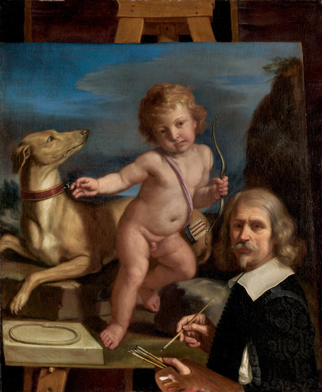 Zelfportret voor een schilderij van Amor Fedele door Guercino