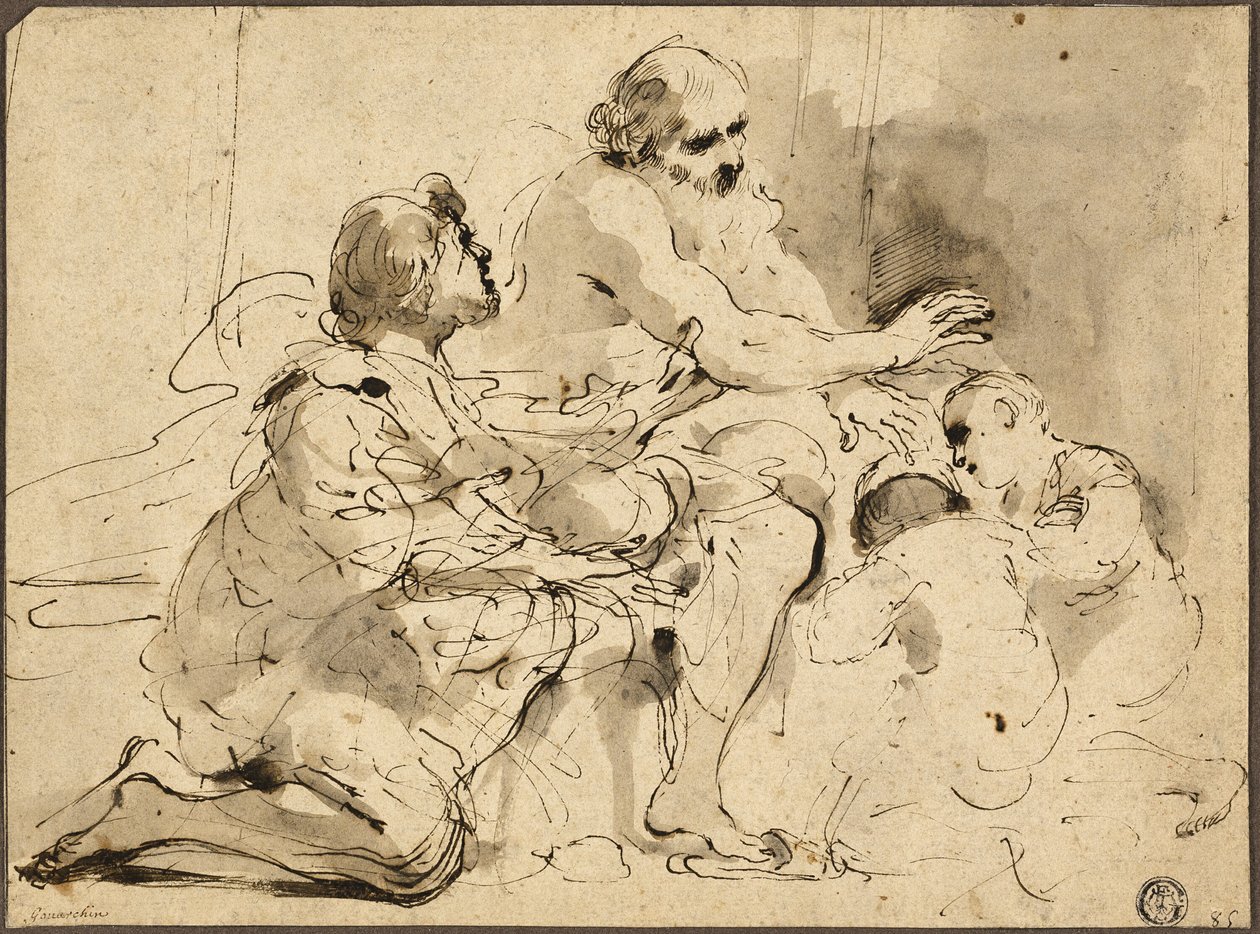 Studie voor Jacob zegent de zonen van Jozef (recto); Schetsen: Sint Christoffel; Twee figuren in gesprek over geld (verso) door Guercino