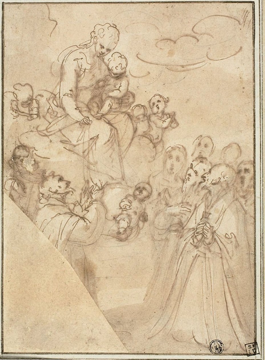 Madonna van de Rozenkrans, met Dominic en andere heiligen door Guglielmo Caccia