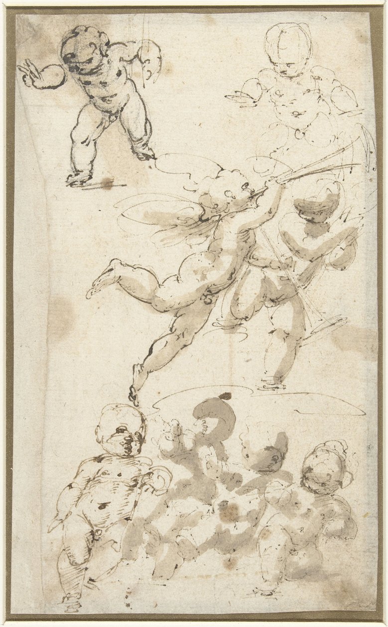 Putti en een zwevende engel door Guglielmo Caccia