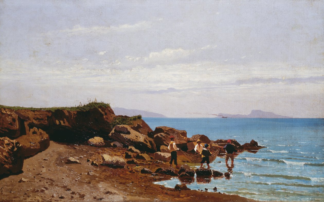 Vissers aan de Napolitaanse kust, met het eiland Capri op de achtergrond door Guglielmo Ciardi