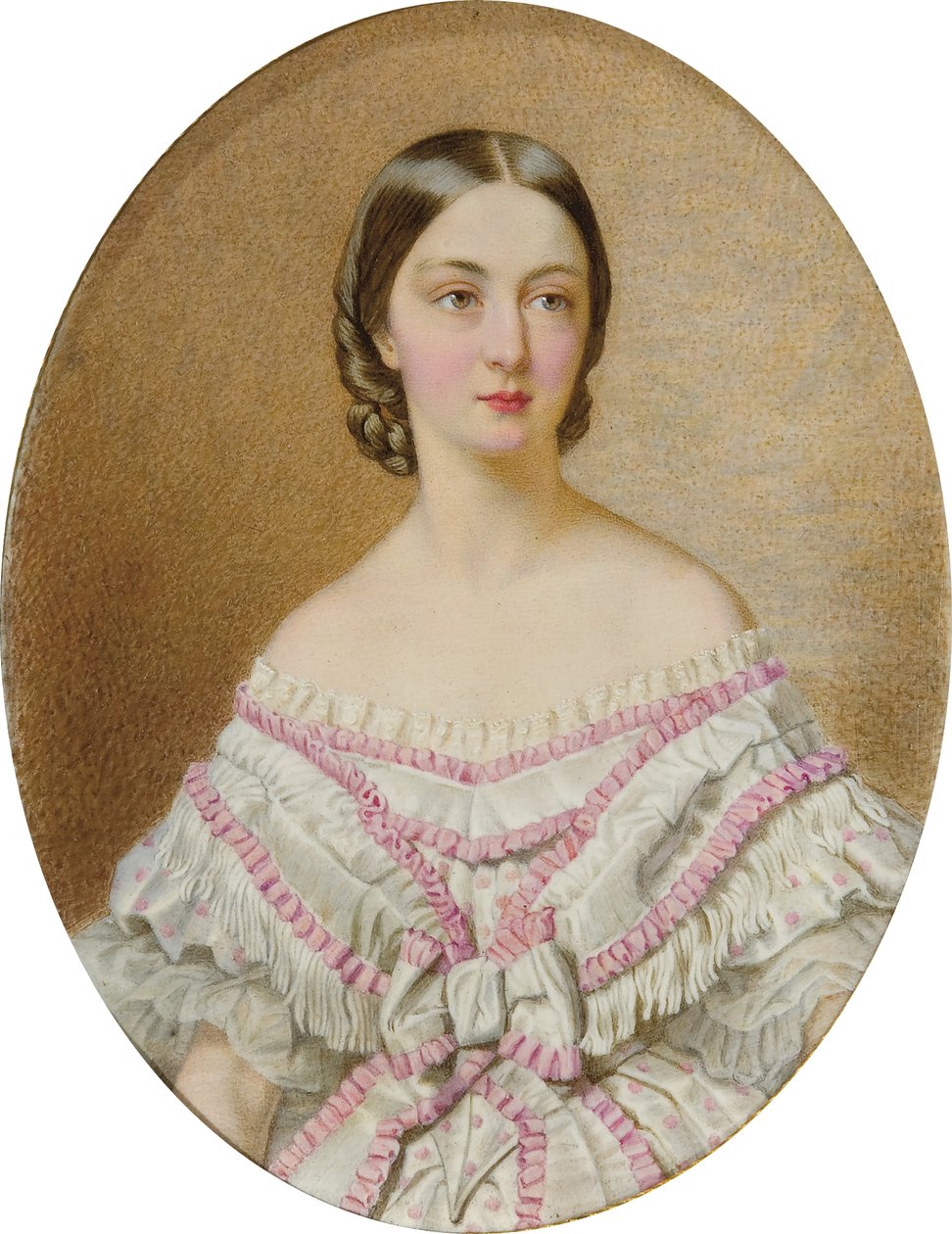 Portret van Françoise, hertogin van Chartres (1844-1925) in een witte jurk en sjaal met roze bijenkorven; door Guglielmo Faija