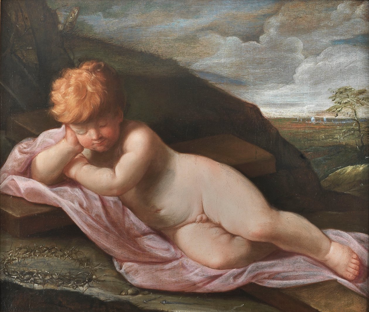 Slapende baby Jezus op het kruis door Guido Reni