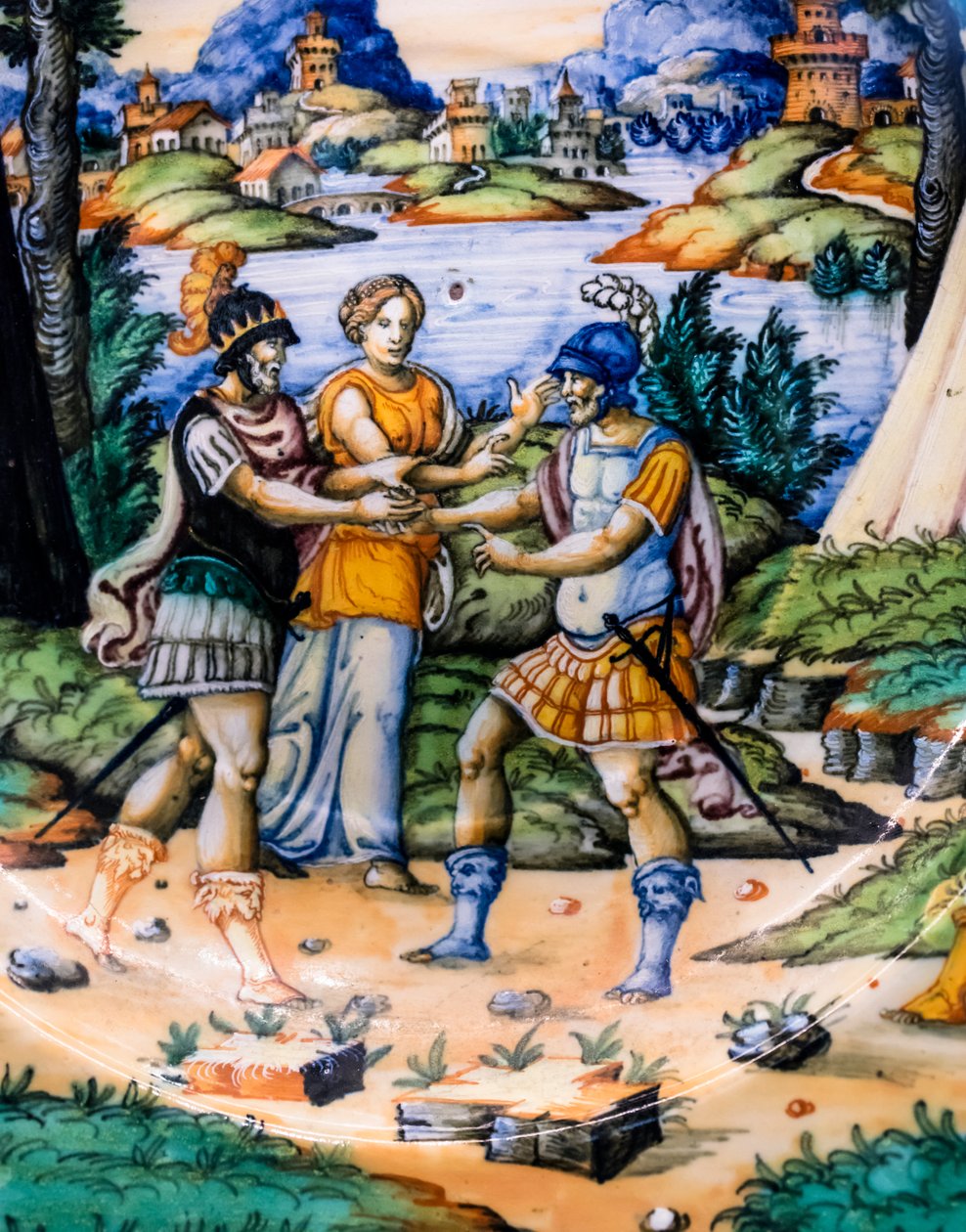 Schotel: Latinus en Aeneas, detail, circa 1540 (majolica) door Guido (attr. to) Durantino