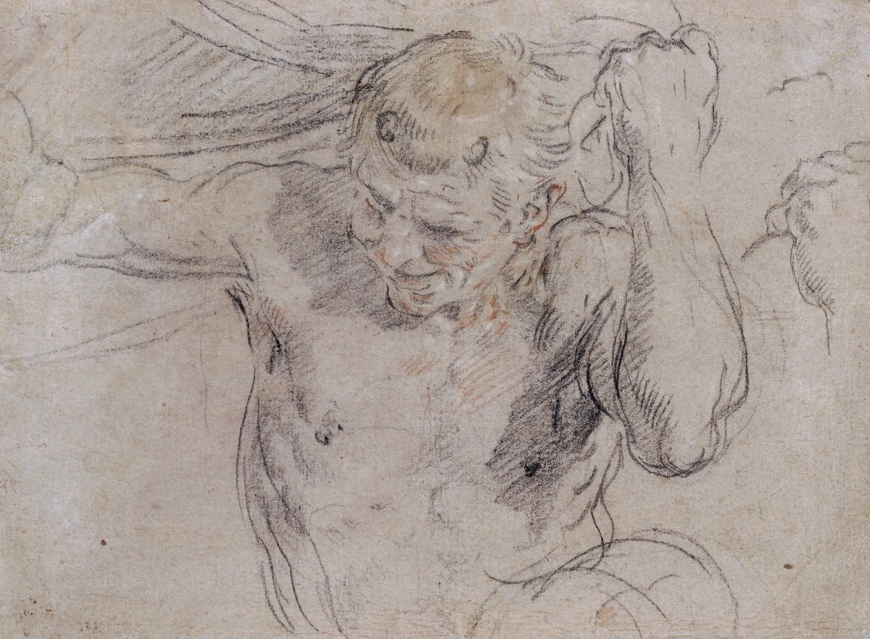 Een sater die een draperie optilt, en een aanvullende studie van zijn linkerhand door Guido Reni