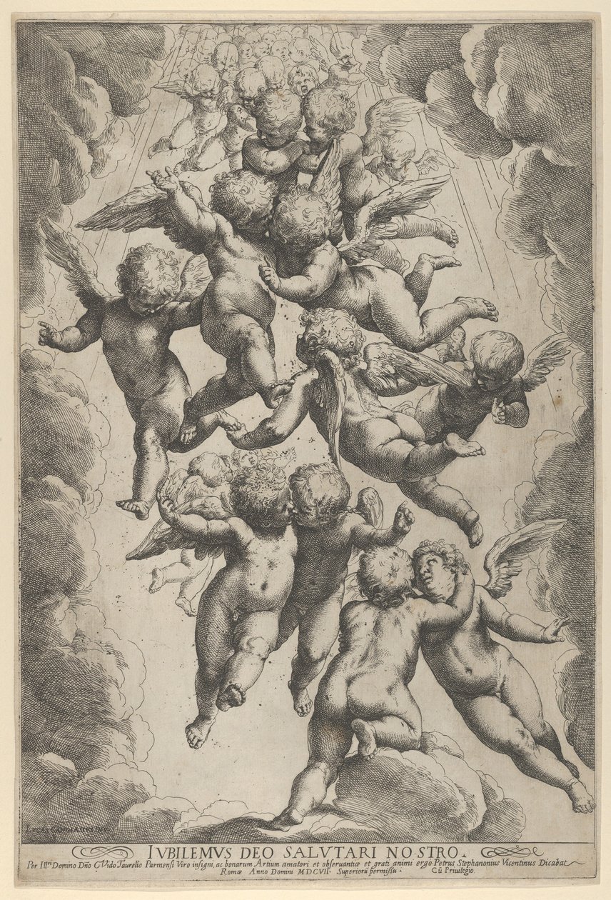 Een groep engelen die elkaar omarmen in de vlucht, omgeven door wolken door Guido Reni