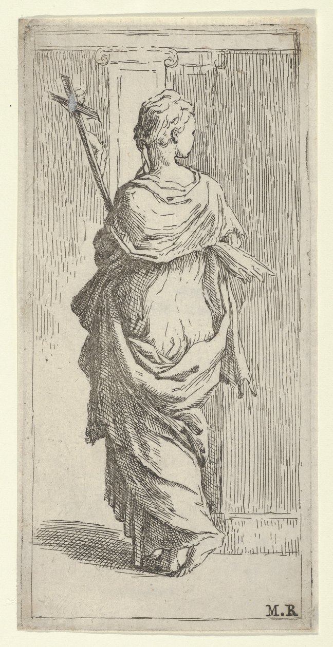 Meisje dat een kruis draagt en naar een pilaster stapt, van achteren gezien, ca. 1590-1600 door Guido Reni