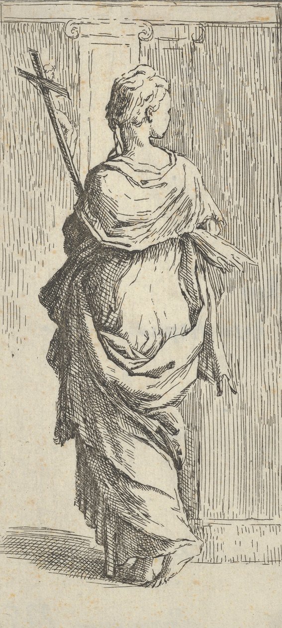 Meisje dat een kruis draagt en naar een pilaster stapt, gezien van achteren, ca. 1590-1600 door Guido Reni
