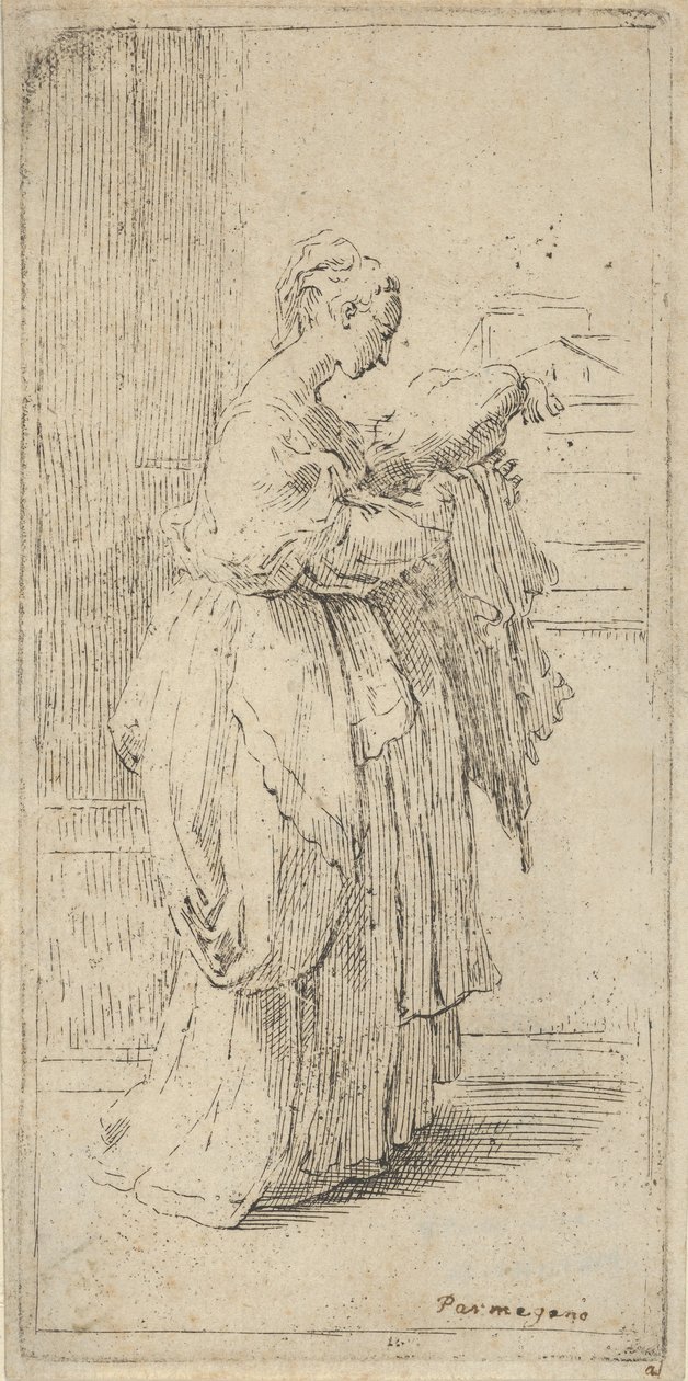 Meisje dat een kussen draagt, in profiel naar rechts gezien door Guido Reni
