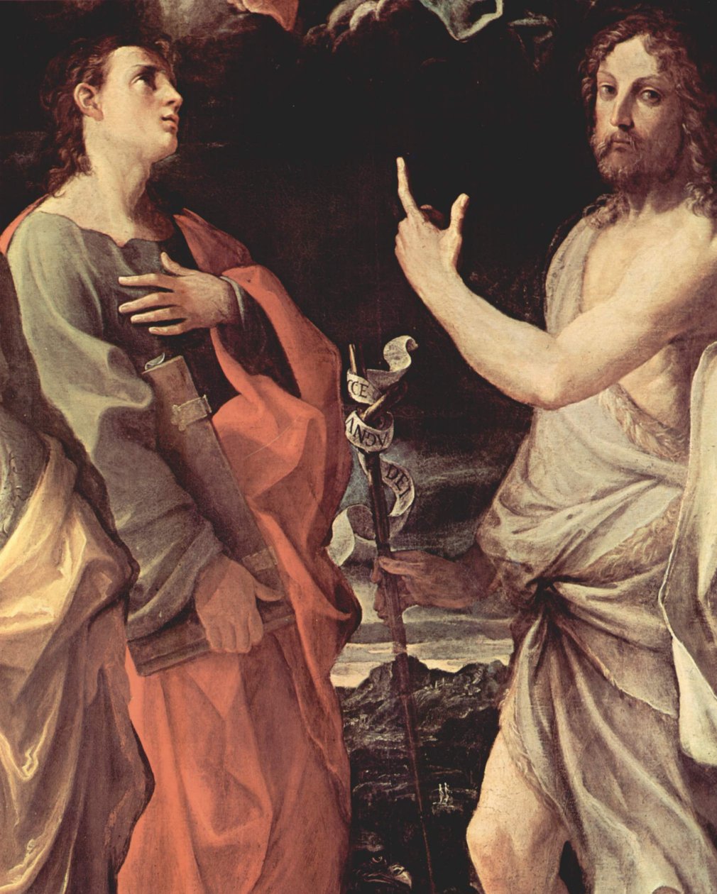 Italiaans: Kroning van de Maagd met de heiligen Johannes de Evangelist, Johannes de Doper, Bernardus en Catharina van Alexandrië, Detail: Johannes de Evangelist en Johannes de Doper door Guido Reni