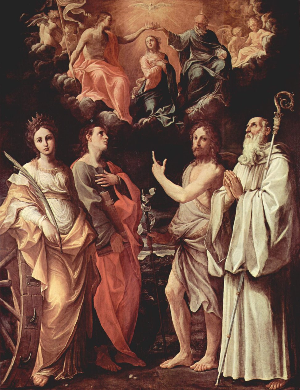 Italiaans: Kroning van de Maagd met de heiligen Johannes de Evangelist, Johannes de Doper, Bernardus en Catharina van Alexandrië door Guido Reni