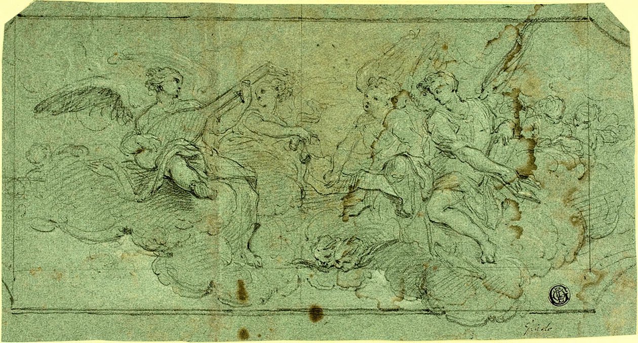 Muzikale engelen in wolken (recto); Zittende geestelijke (verso) door Guido Reni