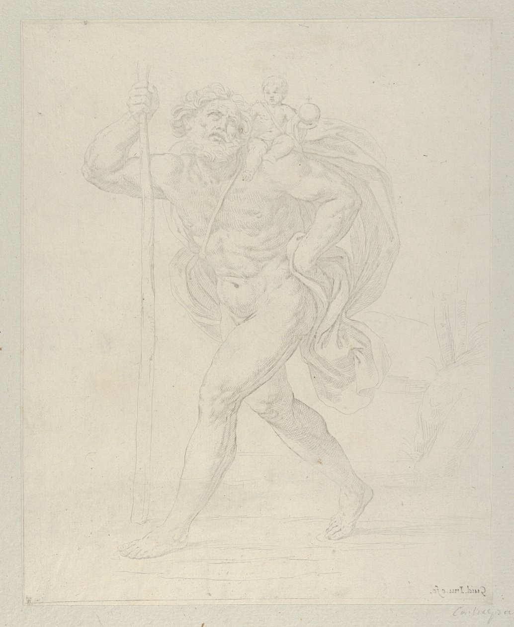 Sint Christoffel loopt met het kind Christus op zijn linkerschouder, tegenpro... door Guido Reni
