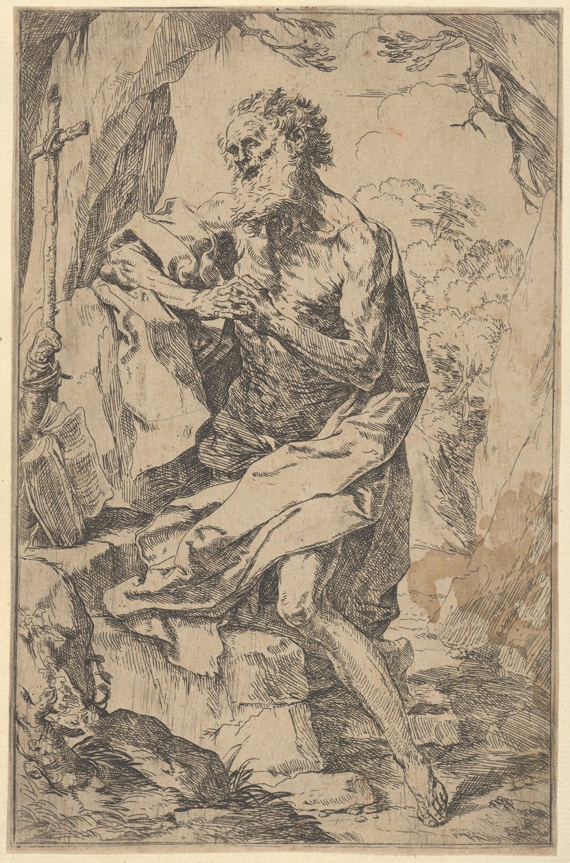 Sint Hiëronymus knielend op een rots voor een kruis en een open boek door Guido Reni