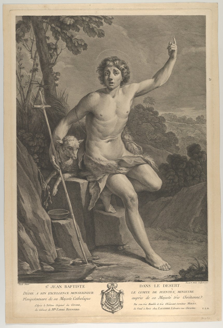 Sint Johannes de Doper in de woestijn, zittend op een rots en wijzend omhoog met zijn linkerhand door Guido Reni