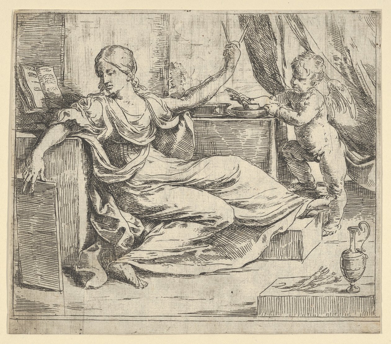 Zittende vrouw met een tablet en kompas allegorie van leren, een gevleugelde putto... door Guido Reni