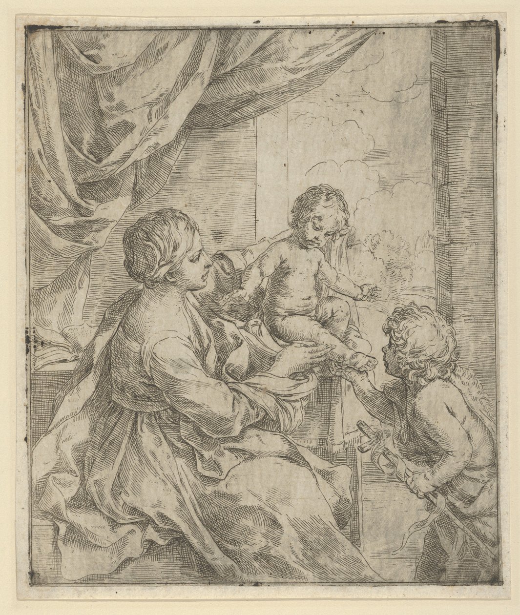 De Maagd en het Kind aan een tafel met de jonge Johannes de Doper, ca. 1600-1640 door Guido Reni