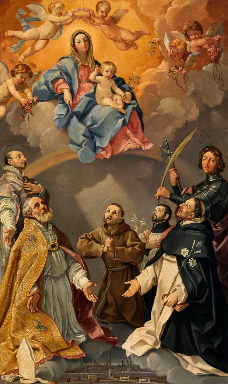 De Maagd en het Kind met de beschermheiligen van de stad Bologna (de heiligen Ignatius van Loyola, Petronius, Proculus, Franciscus van Assisi, Franciscus Xaverius, Dominicus en Florianus) door Guido Reni