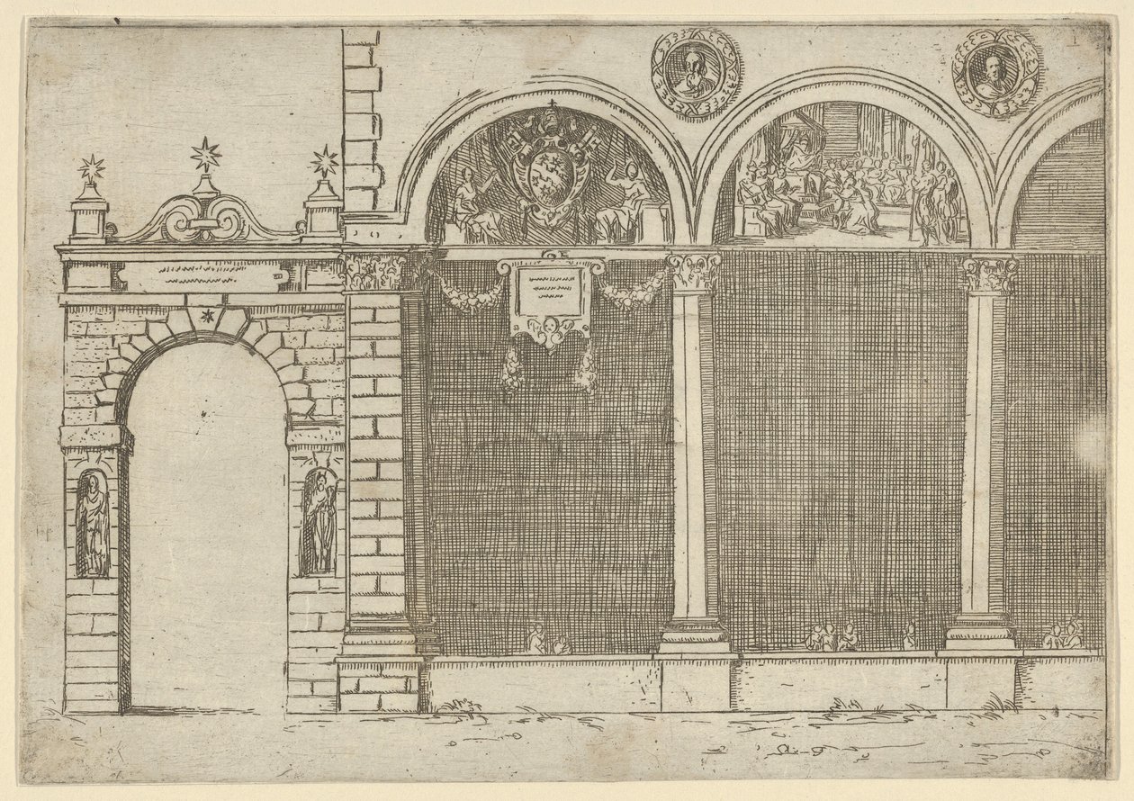 De arcade van het paleis van de Aartsbisschop van Bologna met tijdelijke decoraties voor de e..., 1598 door Guido Reni