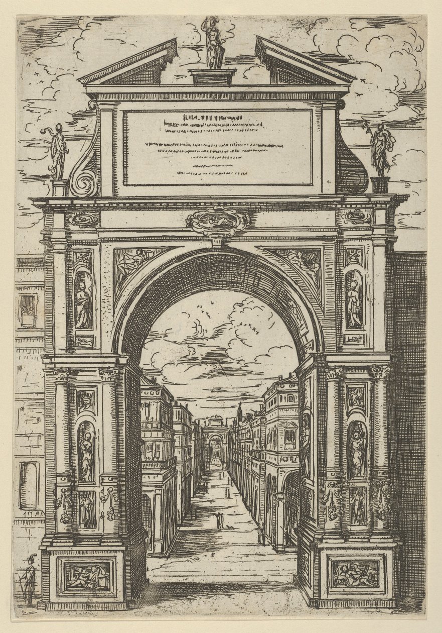Triomfboog bekroond door een standbeeld dat de stad Bologna voorstelt, gebouwen gezien door door Guido Reni