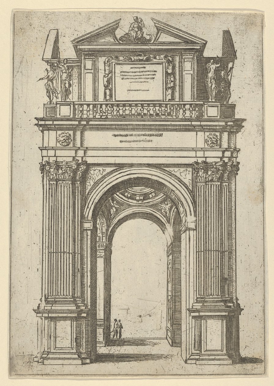 Triomfboog bekroond door een vrouw zittend op een dolfijn, vier staande figuren eronder, een tempel... door Guido Reni