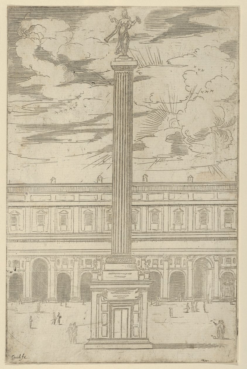 Triomfzuil met vrouwelijke figuur van Roem die een trompet vasthoudt, een tijdelijke decoratie, 1598 door Guido Reni