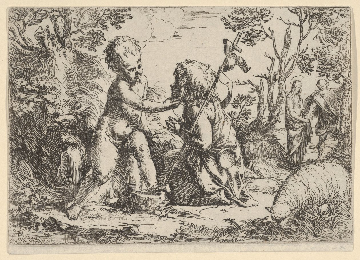 Jonge Sint Johannes de Doper knielend voor het kind Christus die zijn gezicht streelt, ca. 1600-1640 door Guido Reni