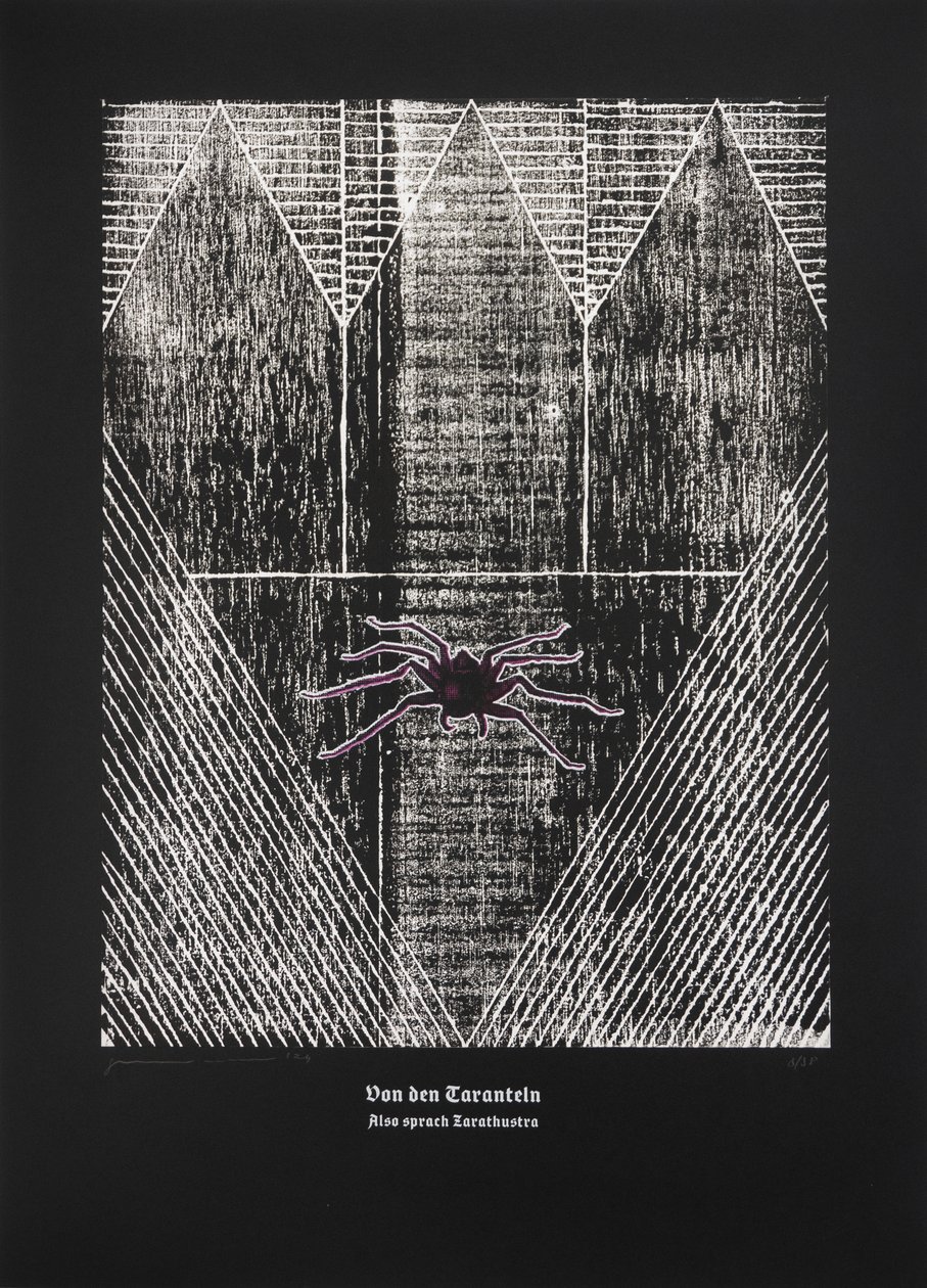 Op de Tarantula, Aldus sprak Zarathustra, 2024 (houtsnede en zeefdruk) door Guilherme Pontes