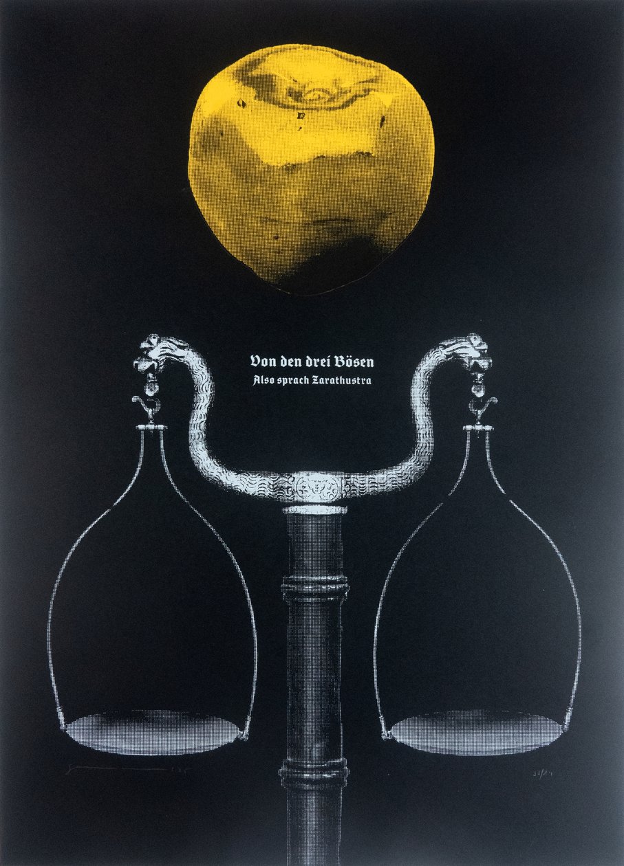 Over de drie kwaden, Aldus sprak Zarathustra, 2025 (houtsnede en zeefdruk) door Guilherme Pontes