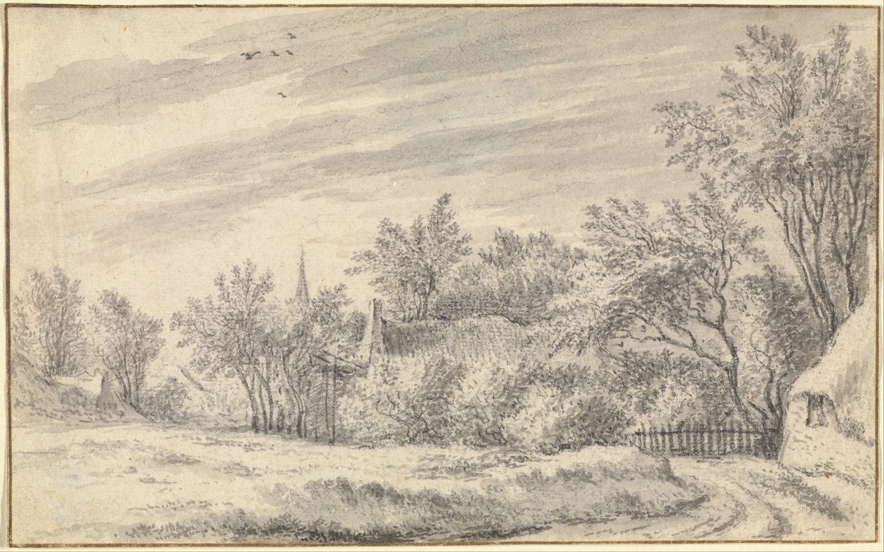 Dorpstraat met kerktoren in de verte door Guillam Dubois