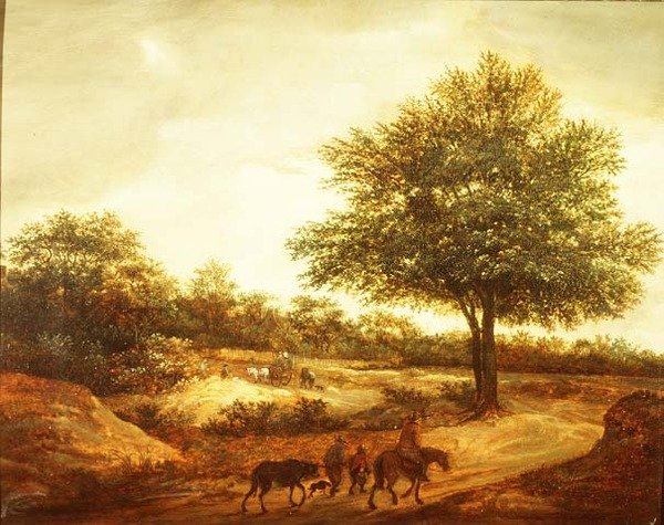 Een bosrijk landschap met reizigers op een pad, een huisje verderop door Guillam de Vos