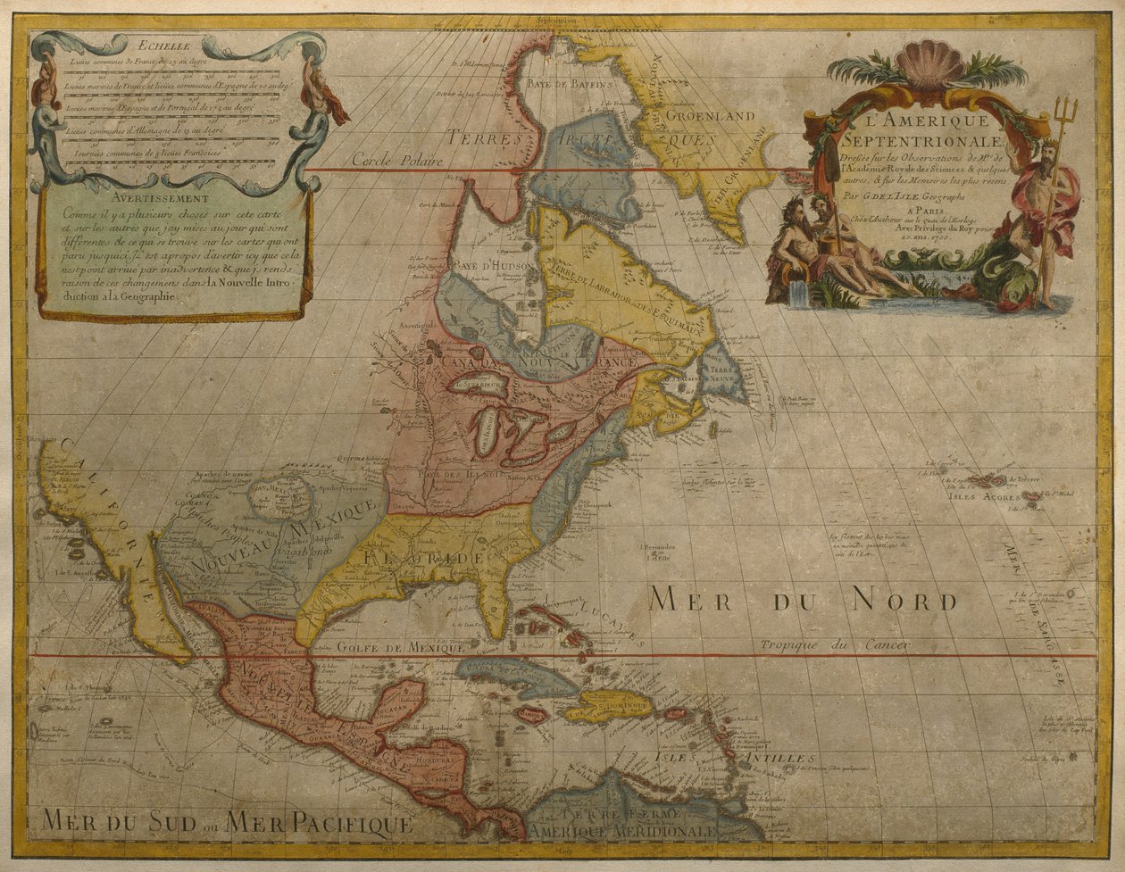 Kaart van Midden- en Noord-Amerika, gepubliceerd in 1700, Parijs door Guillaume Delisle