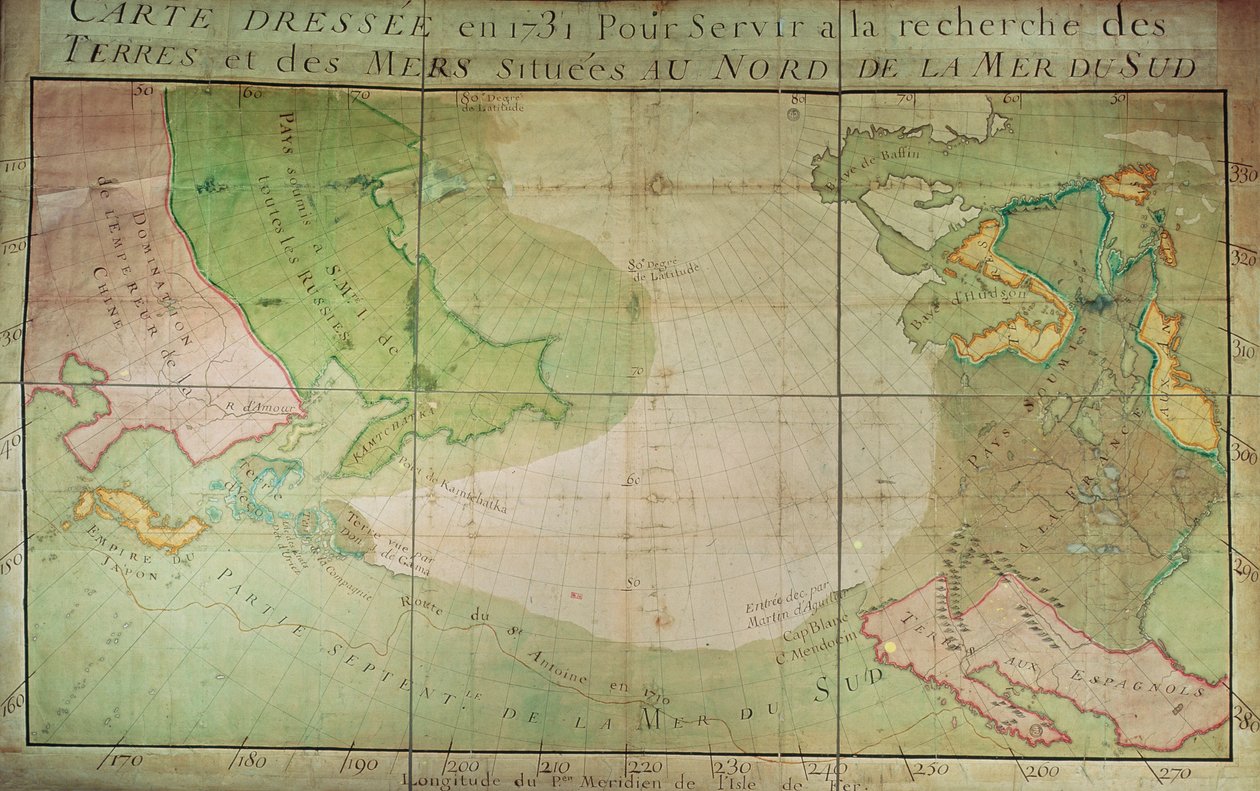 Kaart van nieuwe ontdekkingen in het noorden van de Zuidzee, ten oosten van Siberië en ten westen van Nieuw-Frankrijk, 1731 door Guillaume Delisle