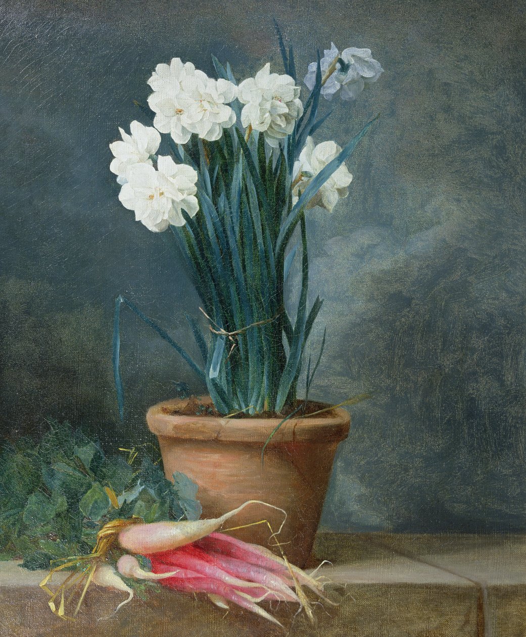 Stilleven van narcissen in een terracotta pot door Guillaume Thomas Raphael Taraval