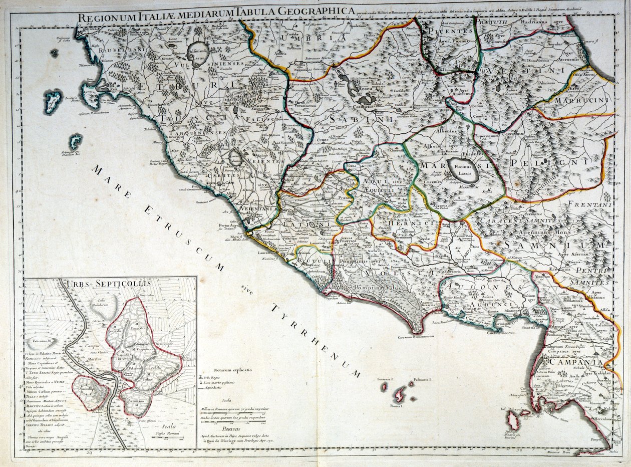 Historische kaart van de Italiaanse regio waar de Etrusken woonden na de Atlas van G. Delysle door Guillaume (after) Delisle