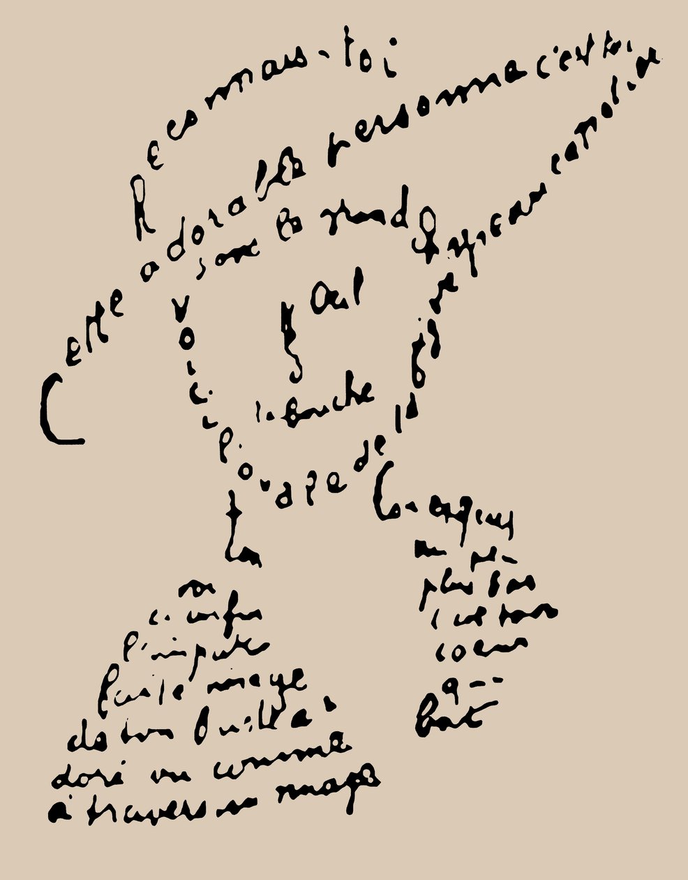 Calligram "Reconnais-toi" gedicht aan Louise de Coligny-Chatillon, 9 februari 1915 door Guillaume Apollinaire