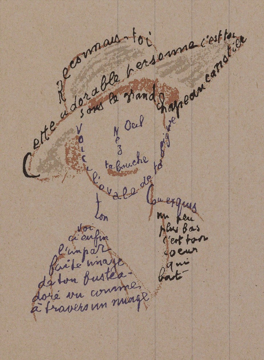 Calligram "Reconnais-toi" voor Coco Chanel, ca. 1918 door Guillaume Apollinaire