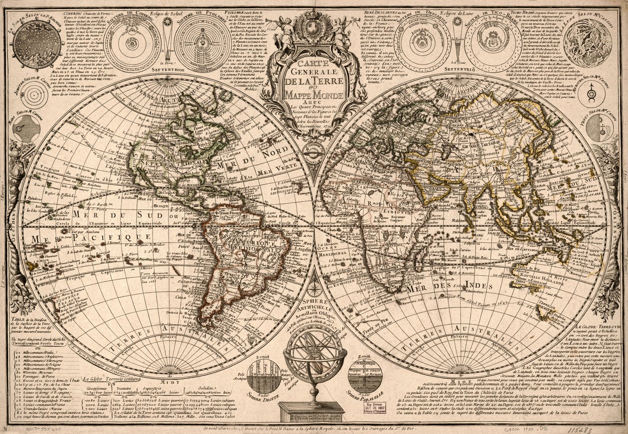 Carte generale de la terre - ou mappe monde auec les quatre principau  sistemes  les figures des sept planetes le tout selon les nouvelles obseruations. LOC 2017585685 door Guillaume Danet