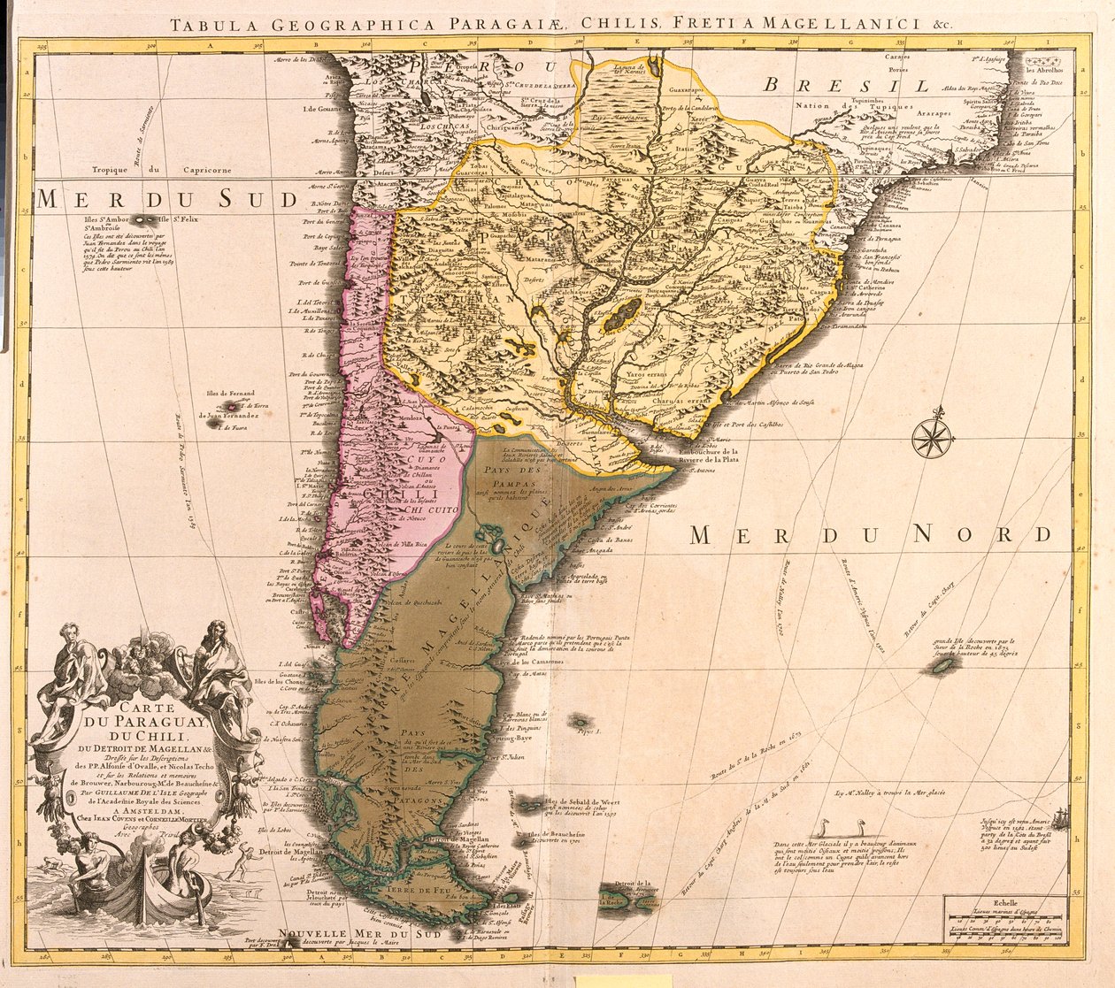 Chili (behalve het noorden), Argentinië, Paraguay, Uruguay, het zuidwesten van Brazilië, Falklandeilanden door Guillaume Delisle