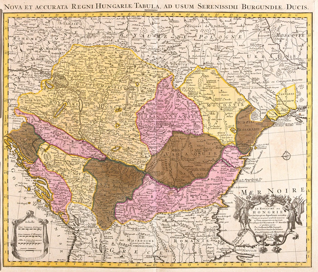 Groot deel van Kroatië (behalve het noorden), Bosnië en Herzegovina, Servië en Montenegro, groot deel van Bulgarije (behalve het zuiden), het zuiden van Oekraïne, Moldavië, Roemenië, het zuiden van Slowakije, Hongarije door Guillaume Delisle