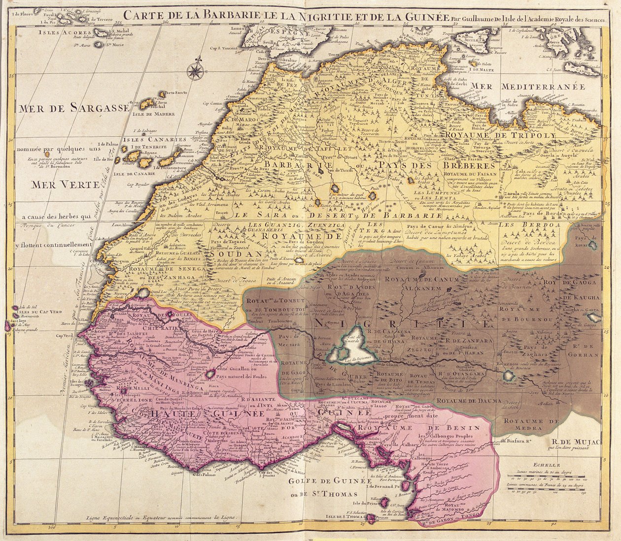 Kaart van Barbarije (Marokko, Algerije, Tunesië, Libië), Nigritude (Mali, Burkina Faso, Niger) en Guinee (Senegal, Guinee, Sierra Leone, Liberia, Ivoorkust, Ghana, Togo, Benin, Nigeria) (ets) door Guillaume Delisle