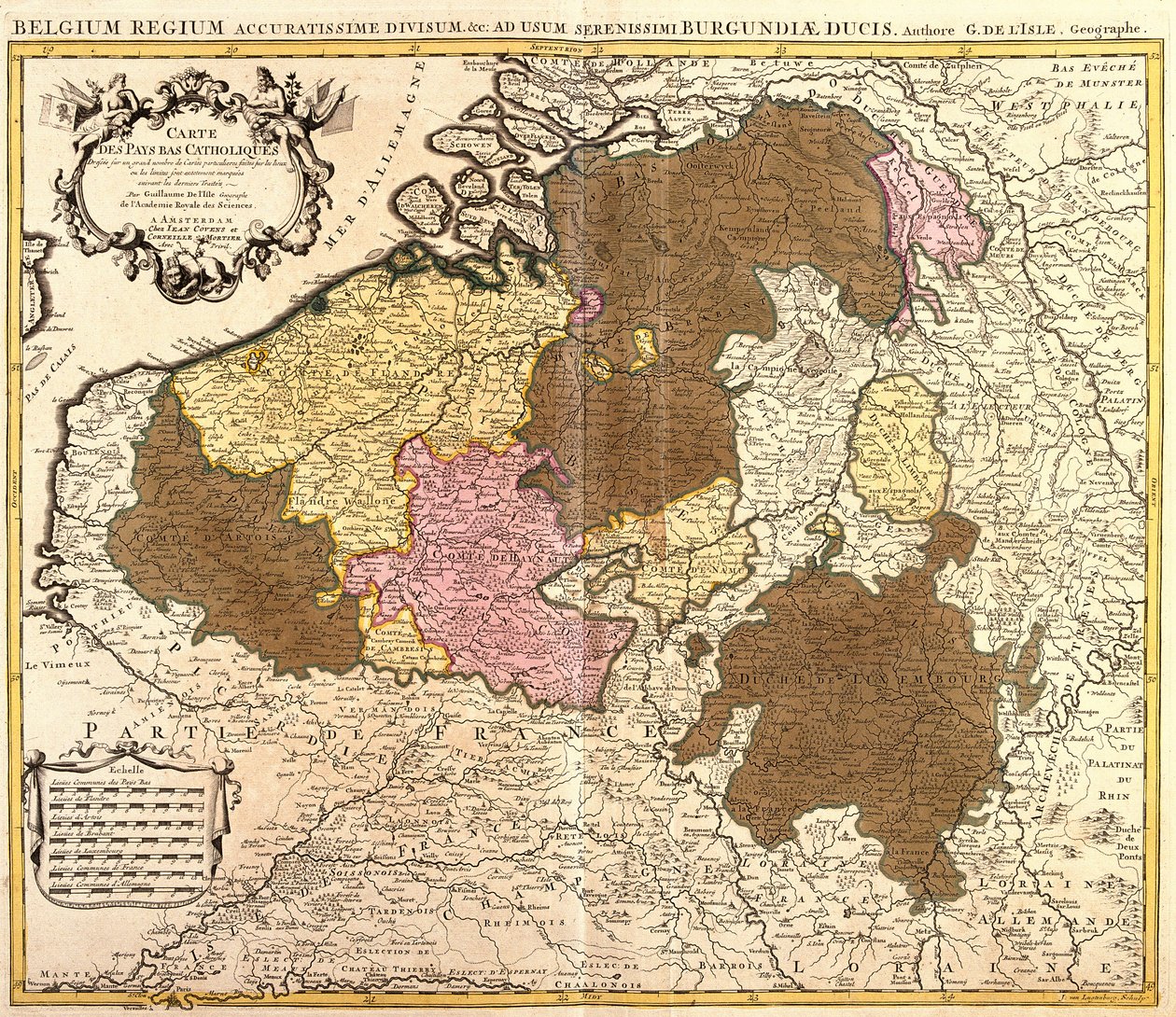 Kaart van Katholiek Nederland (België en Luxemburg) (ets) door Guillaume Delisle